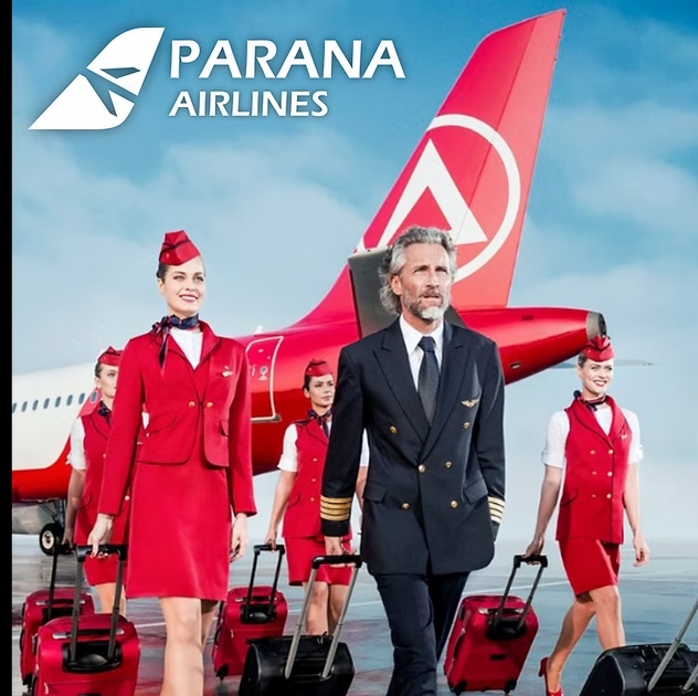 Parana Airlines movie poster with flight attendants and pilot in red uniforms standing in front of airplane tail