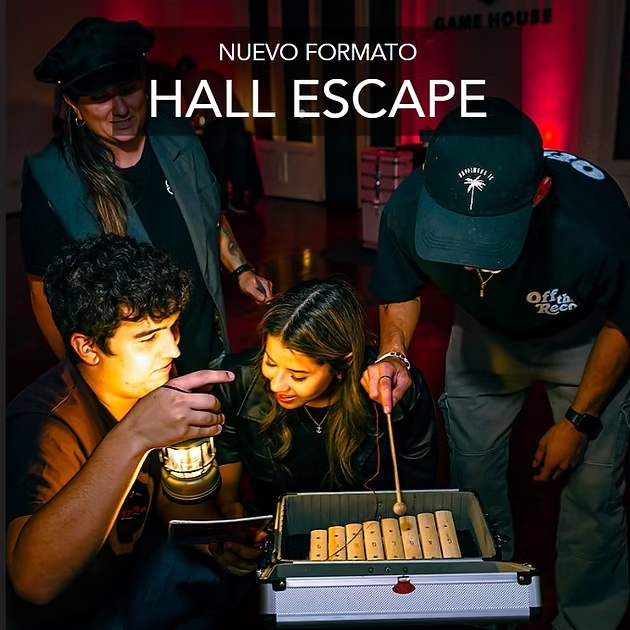 Hall Escape movie poster with group of people solving puzzle in dimly lit room